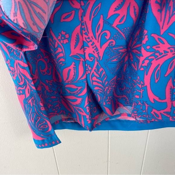 Lilly Pulitzer Jada Off-The-Shoulder Romper  Size 0 Pink Blue Missing Tie Waist - Picture 5 of 15